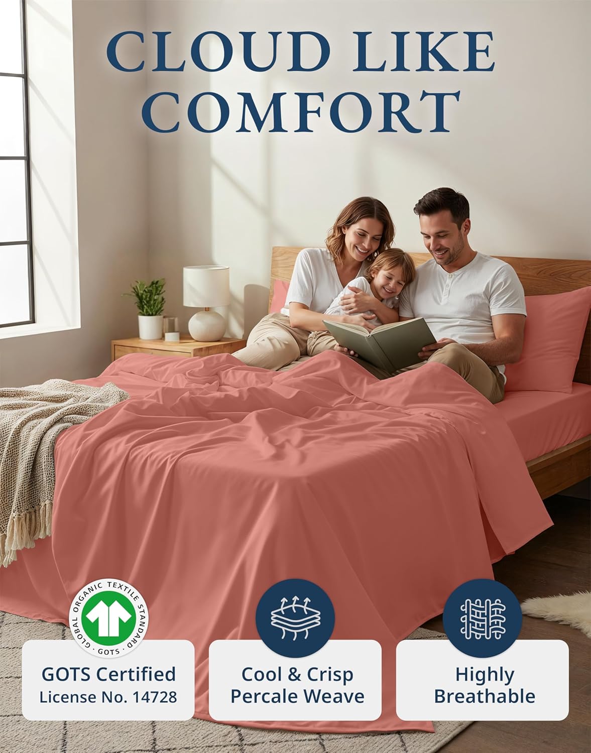LANE LINEN 100% Organic Cotton Full Sheets Set - Ultra Soft Percale Bedding, Fits Mattresses Up to 15" Deep | Rose Dawn