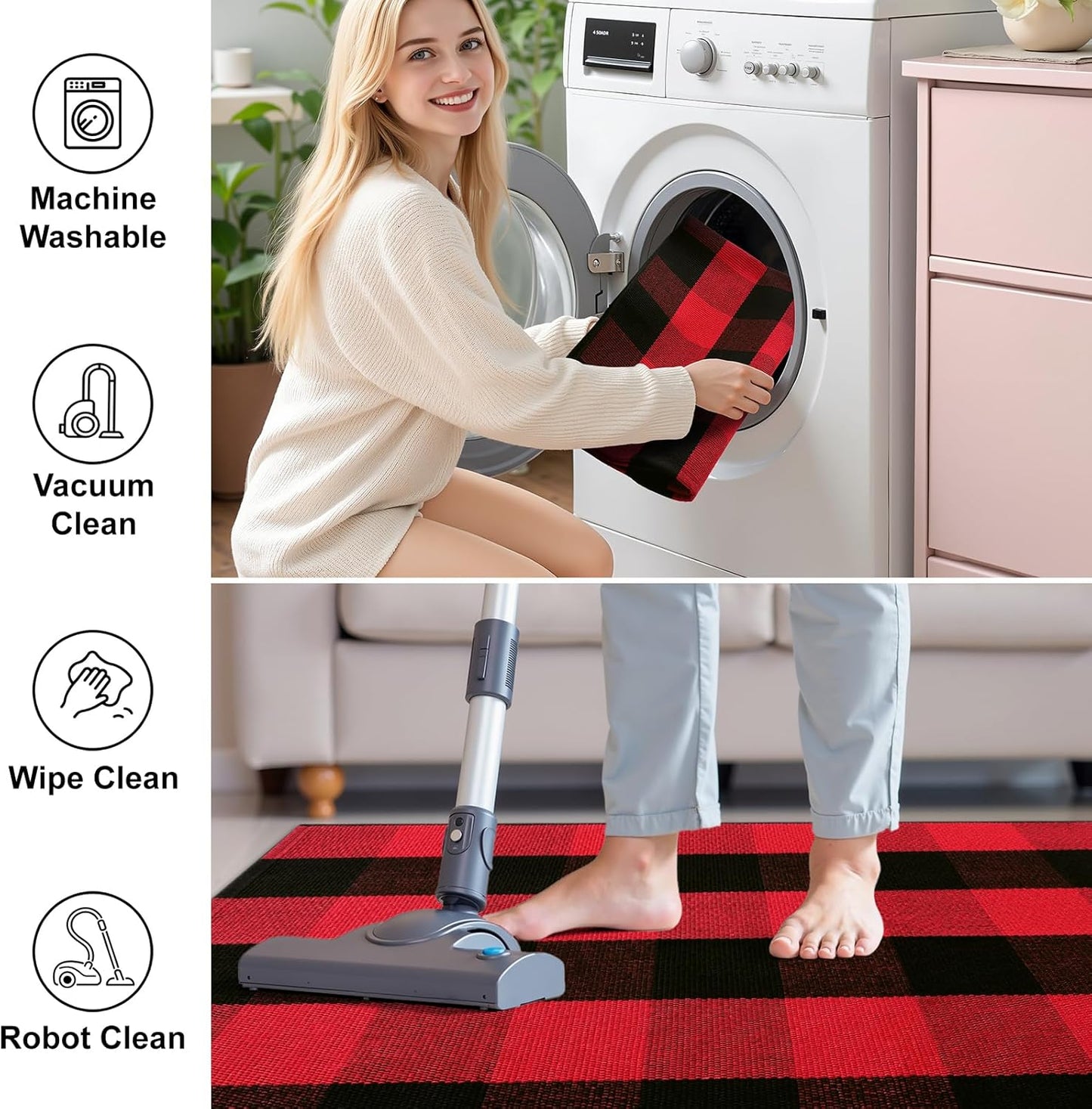 OLANLY Buffalo Plaid Rug - Washable Red and Black Cotton Checkered Doormat | 2'4" x 3'7" for Indoor/Outdoor Use