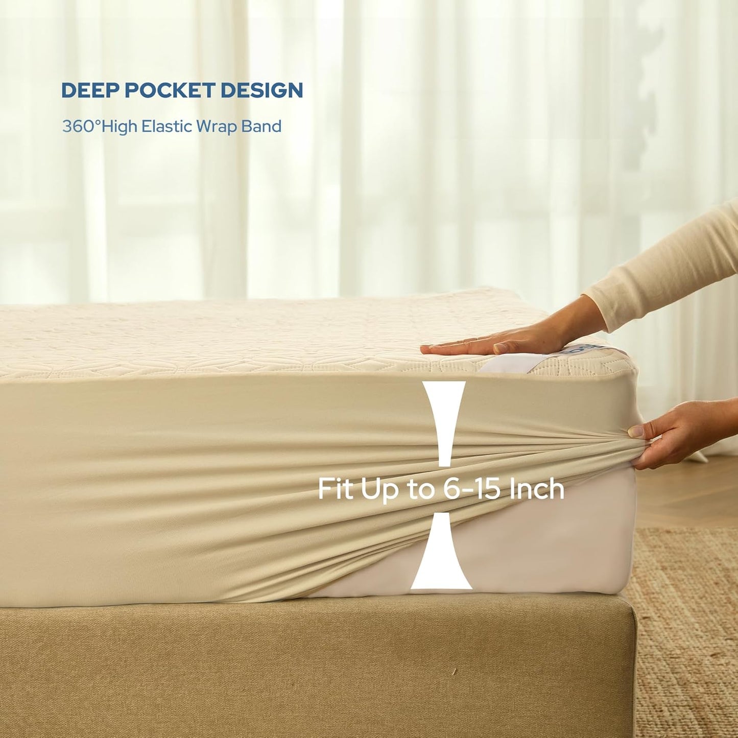 BEDLORE Waterproof Mattress Protector - Noiseless Queen Size Pad with Deep Pocket 6"-18" Depth - Soft & Washable Beige Cover