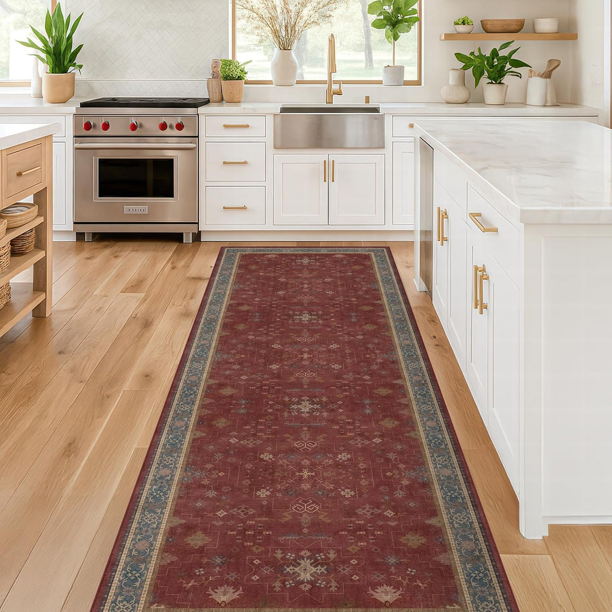 Regine Switzerland Dark Red Hallway Runner Rug - 10ft Washable Non-Slip Indoor Mat | Soft Boho Floral Design