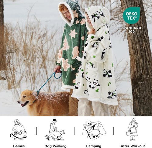 Bedsure Wearable Blanket Hoodie - Cozy Sherpa Design for Adults & Kids | Gingerbread & Olive Green
