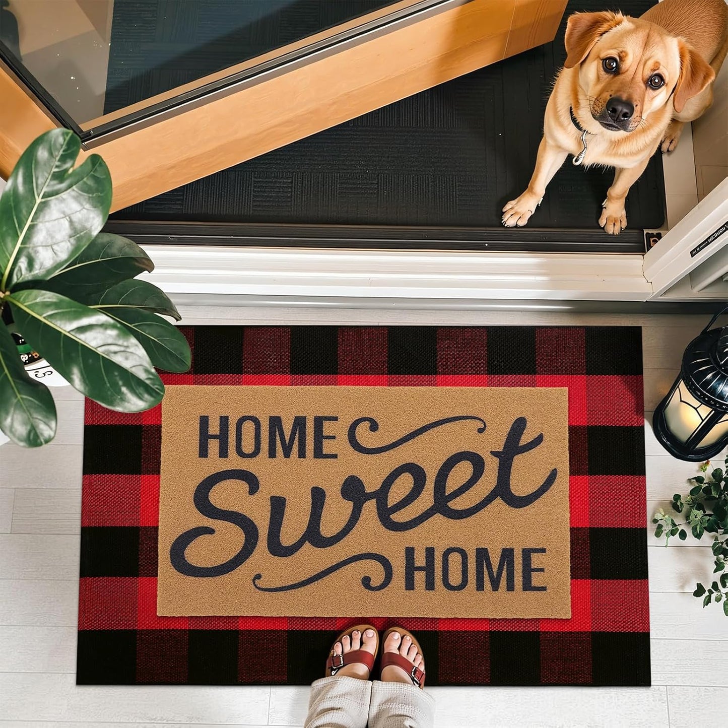 OLANLY Buffalo Plaid Rug - Washable Red and Black Cotton Checkered Doormat | 2'4" x 3'7" for Indoor/Outdoor Use