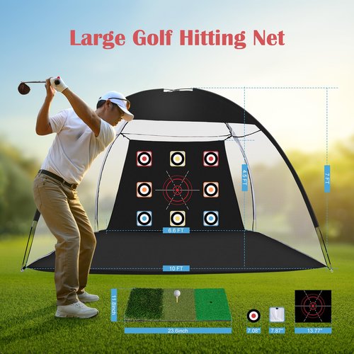 Golf Net, 10 x 7ft Golf Practice Net with Mat for Backyard, Upgraded 420D Oxford Cloth,210G Net for Hitting,Driving for Indoor&Outdoorr