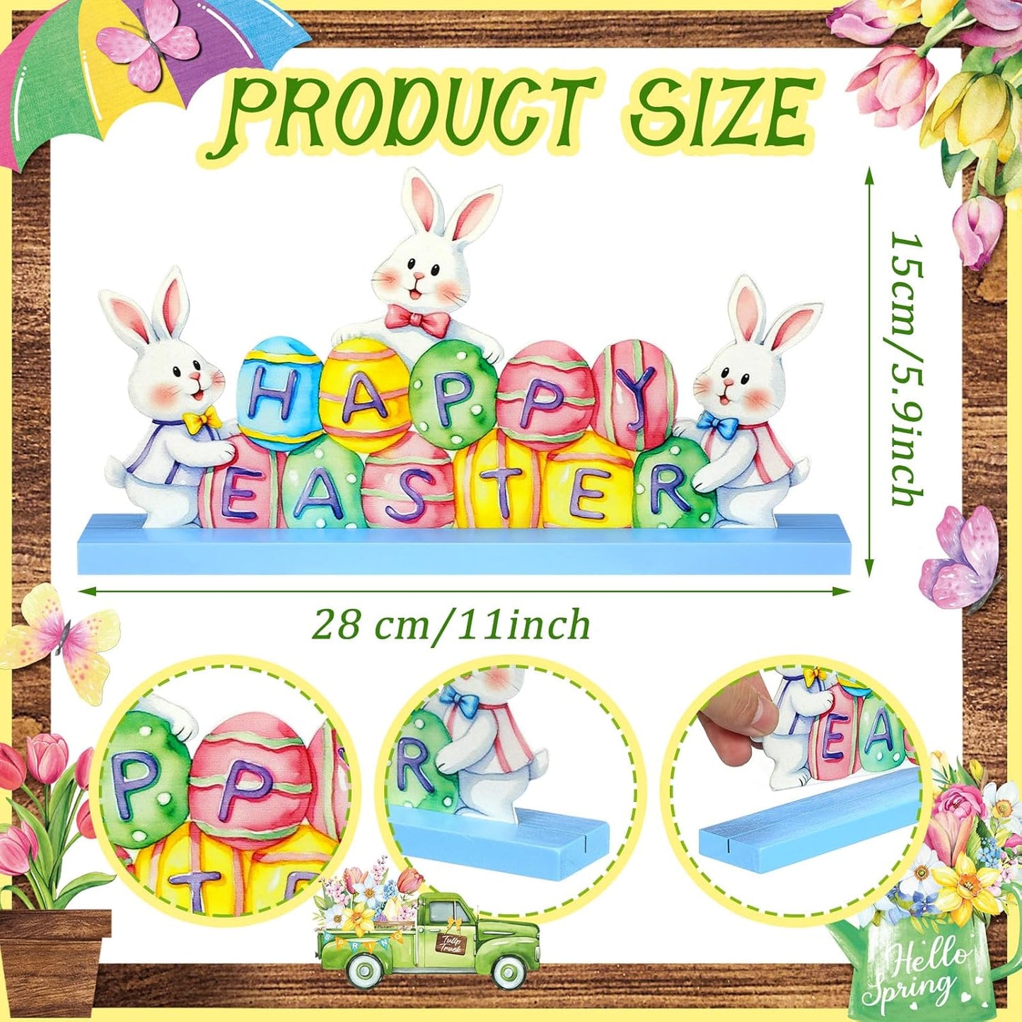 MiniInflat Easter Bunny Metal Sign - Spring Table Decor for Home & Office | Pastel Centerpiece with Wood Base