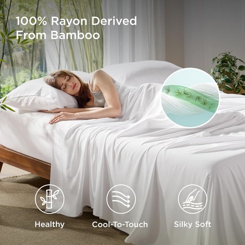 Bedsure King Size Sheet Set - Cooling Bamboo Rayon Sheets | Deep Pocket, Soft & Breathable White Bedding