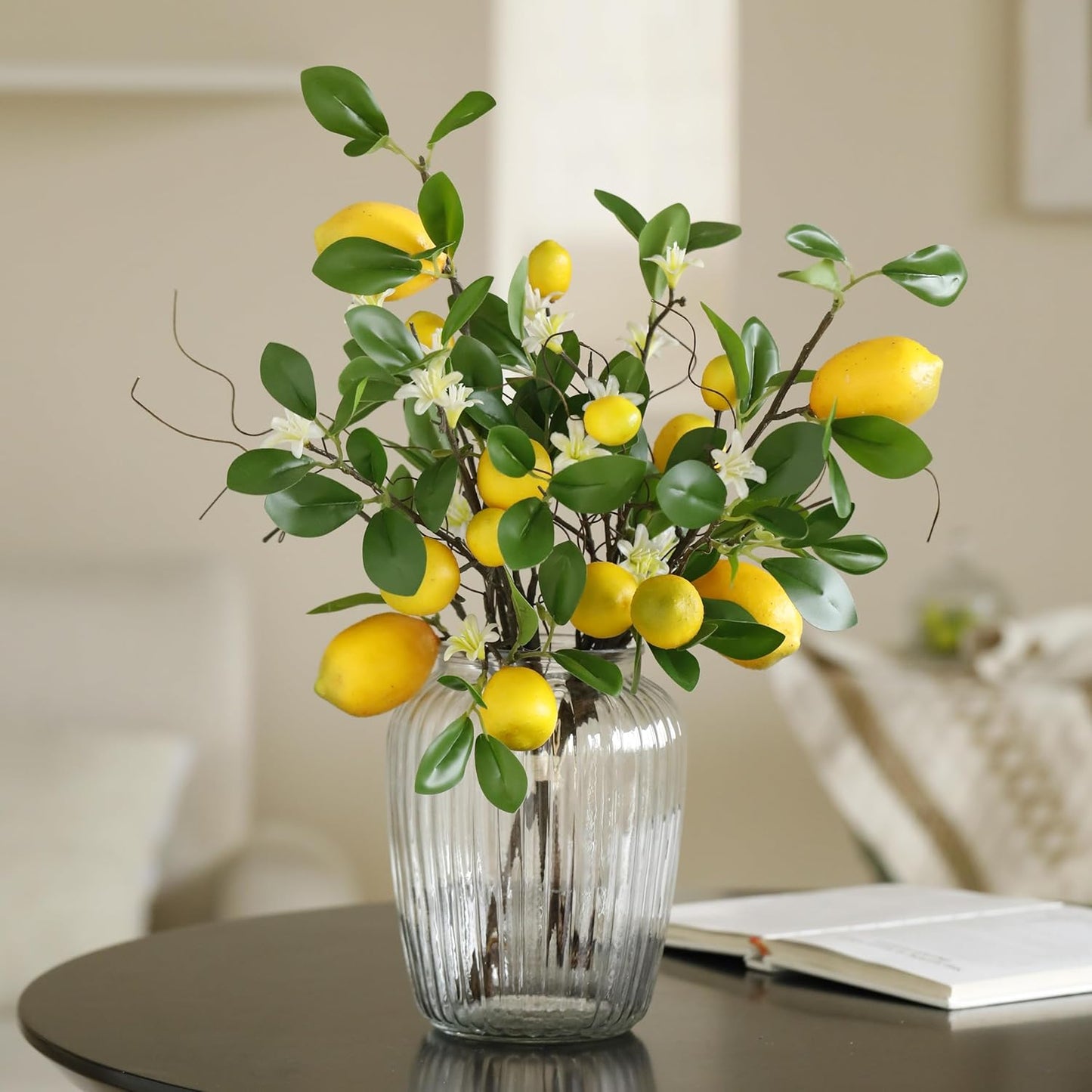 Laelfe Artificial Lemon Branches - 8 Head Faux Lemons for Kitchen & Farmhouse Decor | Bright Yellow