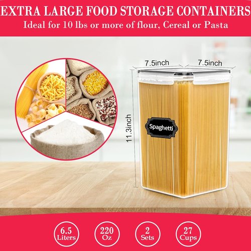 CEKEE Extra Large Food Storage Containers - Airtight Plastic Canisters (6.5L | 220 OZ | 2PCS) for Kitchen Pantry Organization