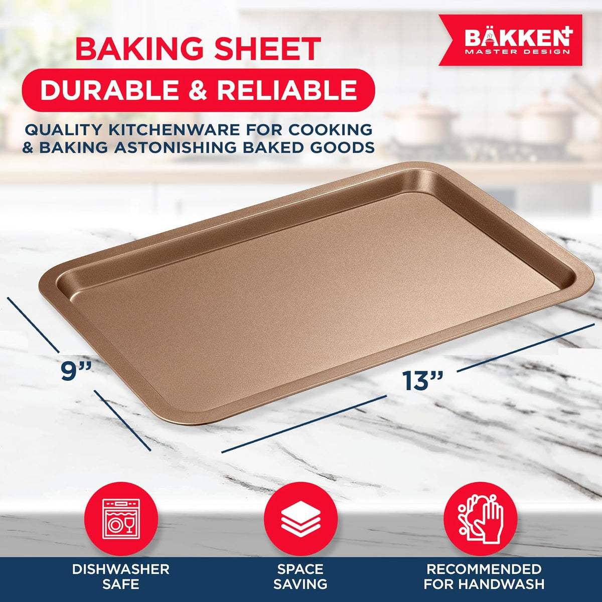 BAKKEN Nonstick Baking Pans - Commercial Grade Carbon Steel Cookie Sheet, 13.18” x 8.66”, Oven Safe to 450°F