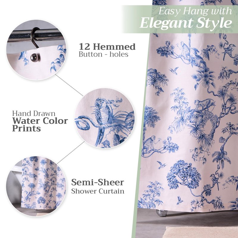 Maison d' Hermine Shower Curtain 100% Cotton One Panel 70"x72" Washable Fabric Shower Curtains for Bathroom, Easy Hanging with 12 Button Holes - Home Hotel Spa Gifts for Mothers Day (Bonobo - Blue)