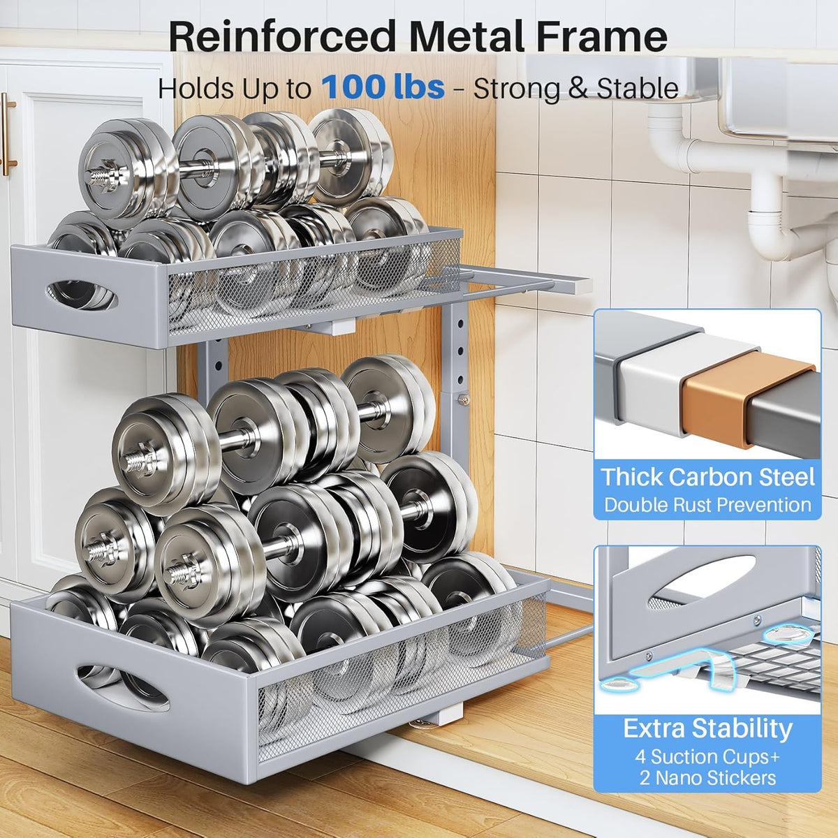 Under Sink Organizer | 2-Pack 2-Tier Pull-Out Cabinet Shelf with Metal Slides & Mesh Drawers - Grey