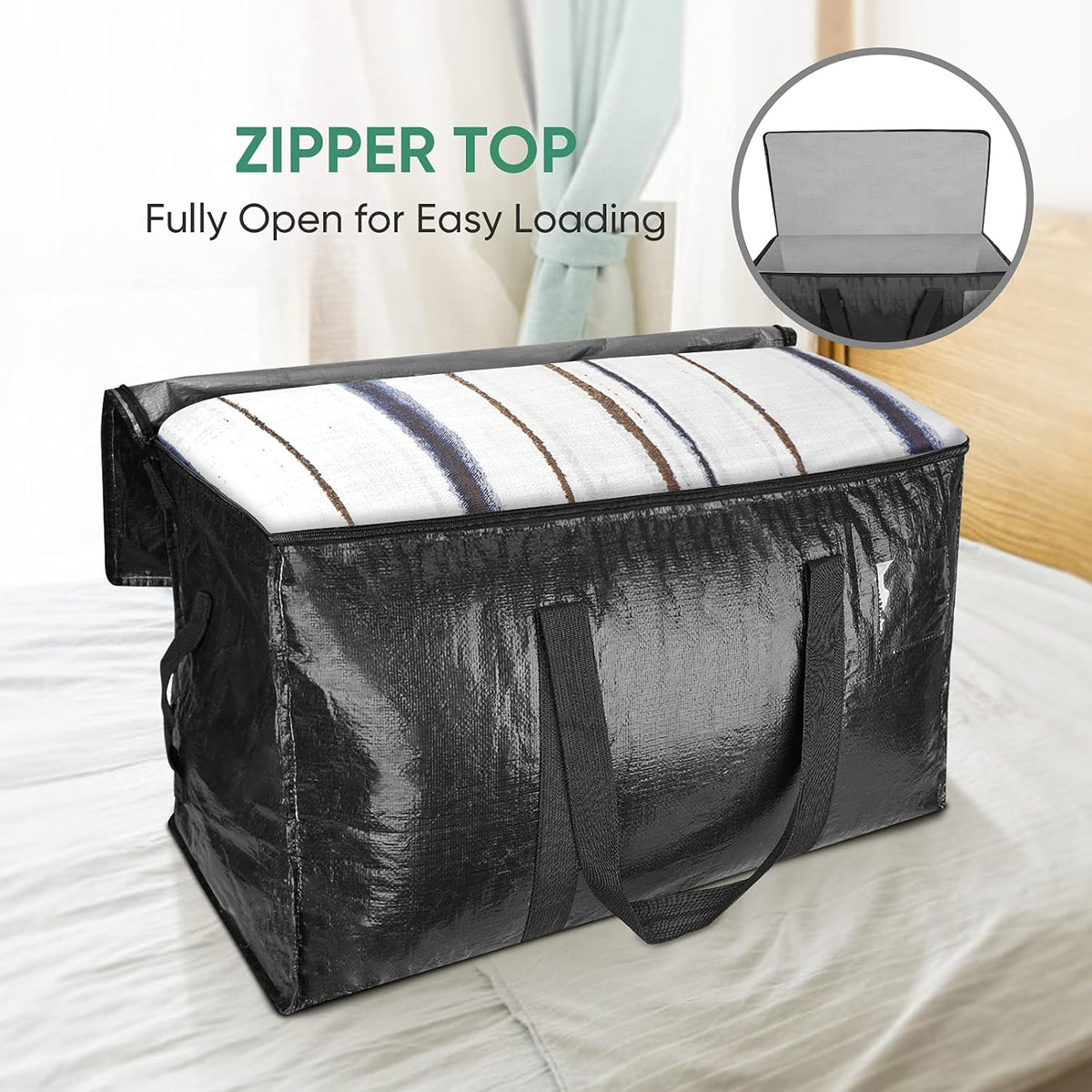 BALEINE 6-Pack Heavy-Duty Oversized Moving Bags - Reinforced Handles for Clothes Storage (Black)