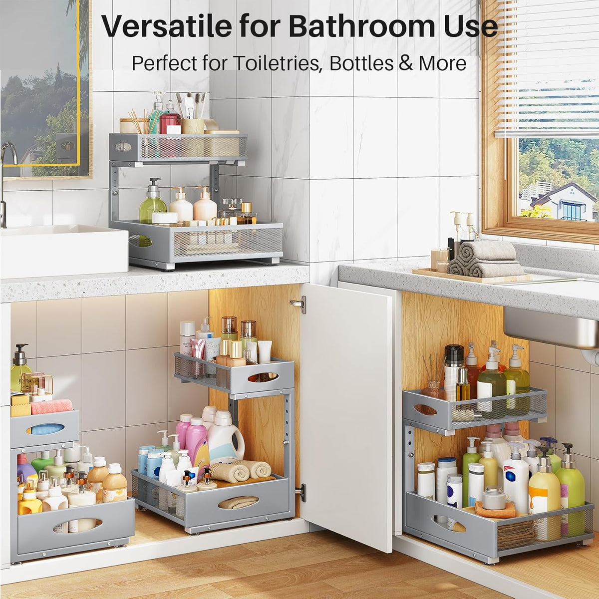 Under Sink Organizer | 2-Pack 2-Tier Pull-Out Cabinet Shelf with Metal Slides & Mesh Drawers - Grey
