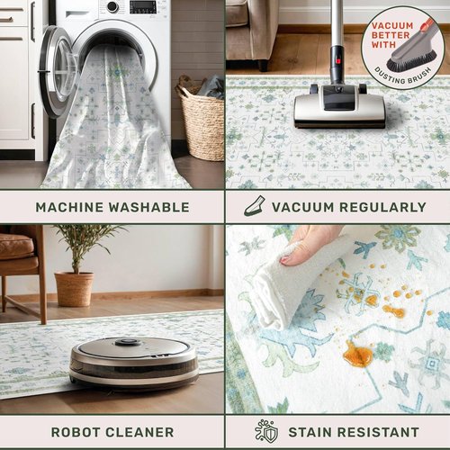 Hazo Haus Washable Oushak Bathroom Runner Rug - Vintage Turkish Floral Design | 2x8 ft Low Pile Non-Slip in Cream, Blue, and Green