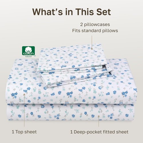 California Design Den Full Size Cotton Sheet Set - 100% Soft Sateen, 400 TC, Deep Pockets, Floral White/Blue