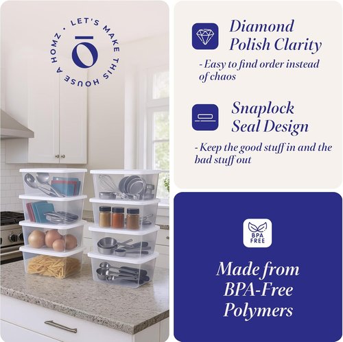 HOMZ 10-Pack Snaplock Storage Organizer Bins - Clear Plastic Containers with Lids, 6 Quart, White | Stackable for Home & Office
