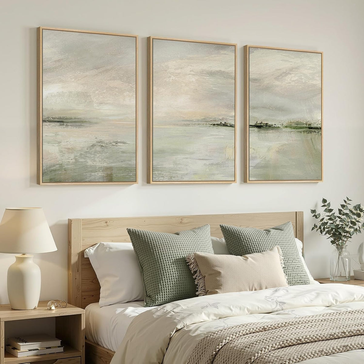 Skiennix Large Framed Sage Green Abstract Landscape Wall Art - 3 Piece Modern Canvas Prints | 24x36 In for Living Room, Office & More