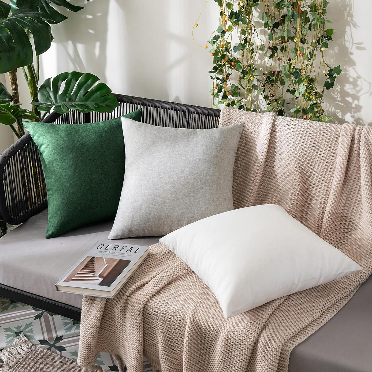 MIULEE Decorative Outdoor Throw Pillow Covers - Waterproof Faux Linen Cushion Cases | 20x12 Inch Emerald Green (Pack of 2)