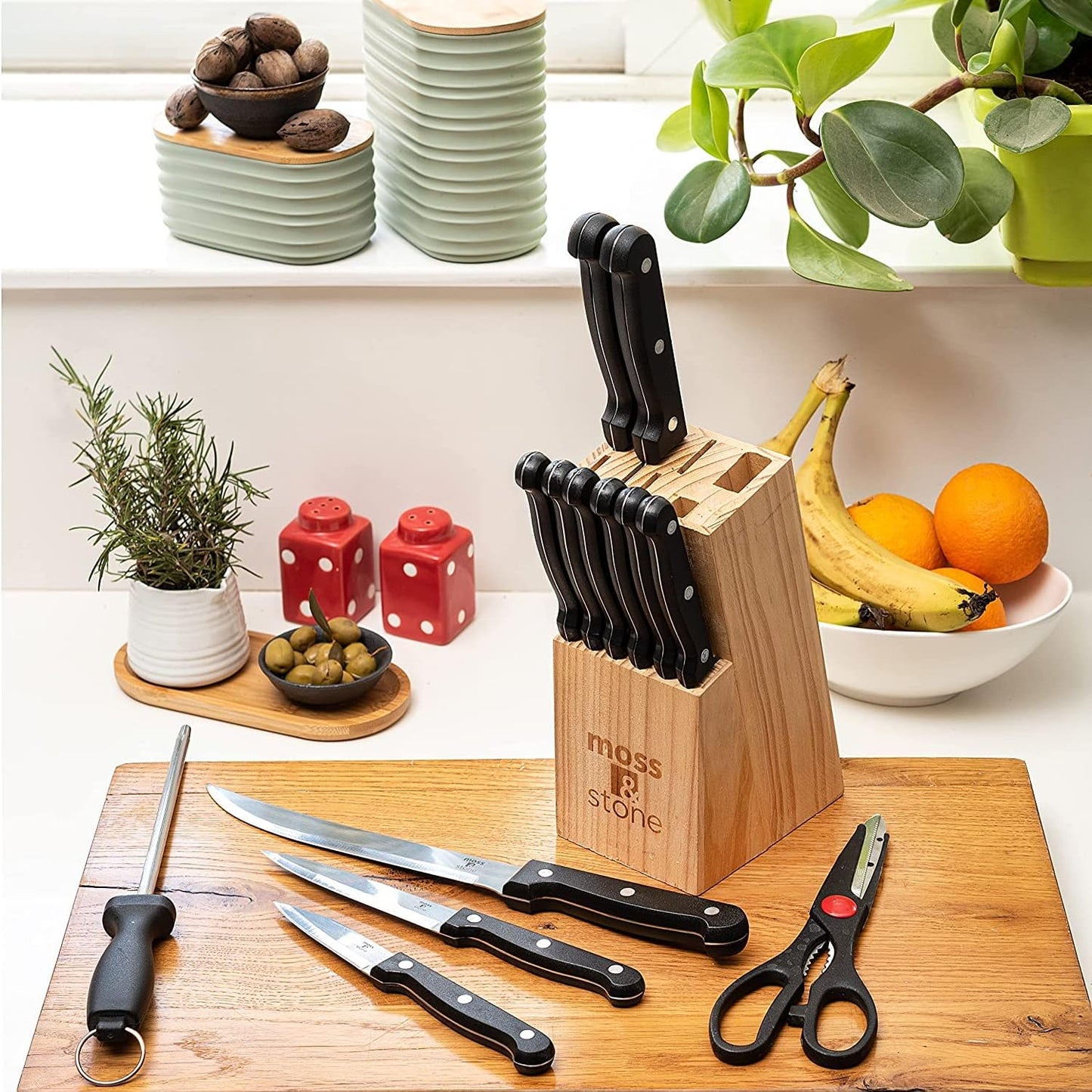 Moss & Stone 14-Piece Knife Block Set - Premium Forged Stainless Steel Kitchen Knives with Ergonomic Handles & Rust Resistance | Modern Black Design