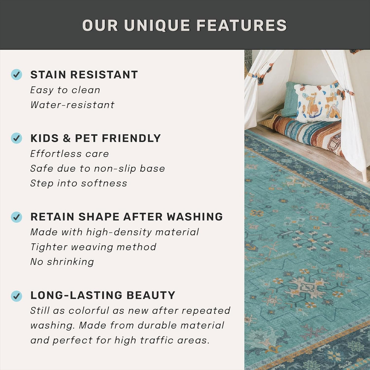 Teal Boho Living Room Rug by [Brand Name] - Washable 10x12 Soft Floral Area Rug, Non-Slip & Stain Resistant