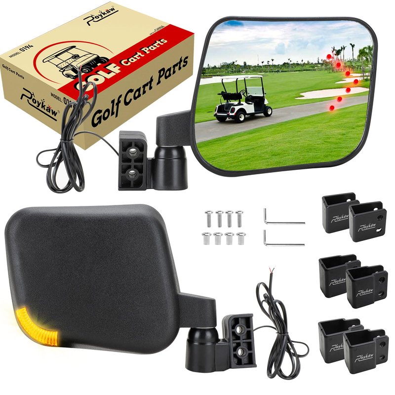 Roykaw Golf Cart No Drilling Folding Side Rear view Mirror Compatible with LED Turn Signal Light,Universal for EZGO Club Car Yamaha Golf Cart, 3 Pieces No Drill Bracket