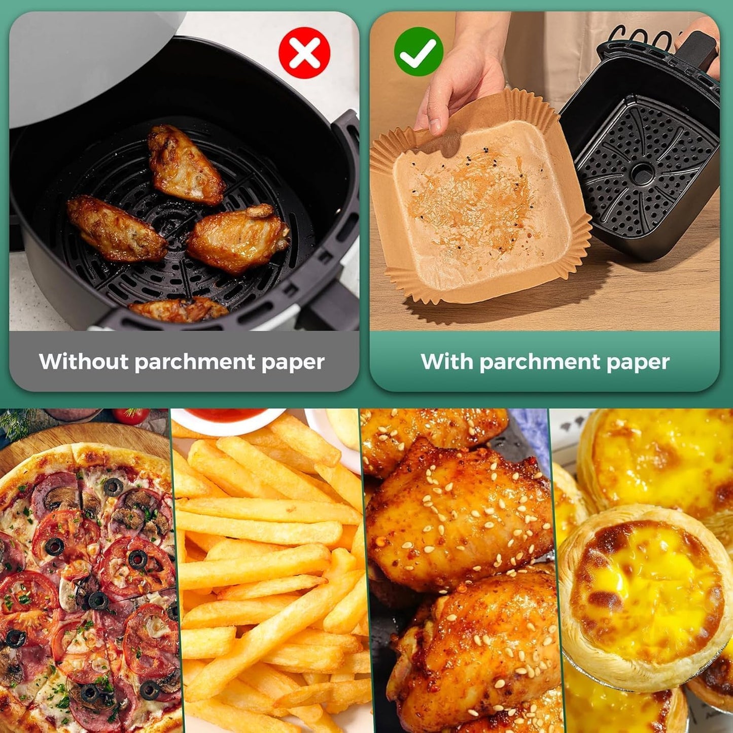 Skiennix Air Fryer Paper Liners - 400 Pcs Heavy-Duty Non-Stick Parchment, 6.5" Square for 2-4 Qt Baskets