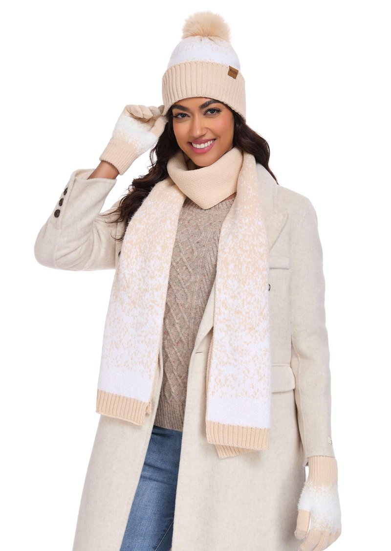 Miorpex Womens Winter Beanie Hat Touchscreen Gloves Long Scarf 3 Set with Warm Fleece Lined Knit Skull Caps Scarves for Women Apricot White
