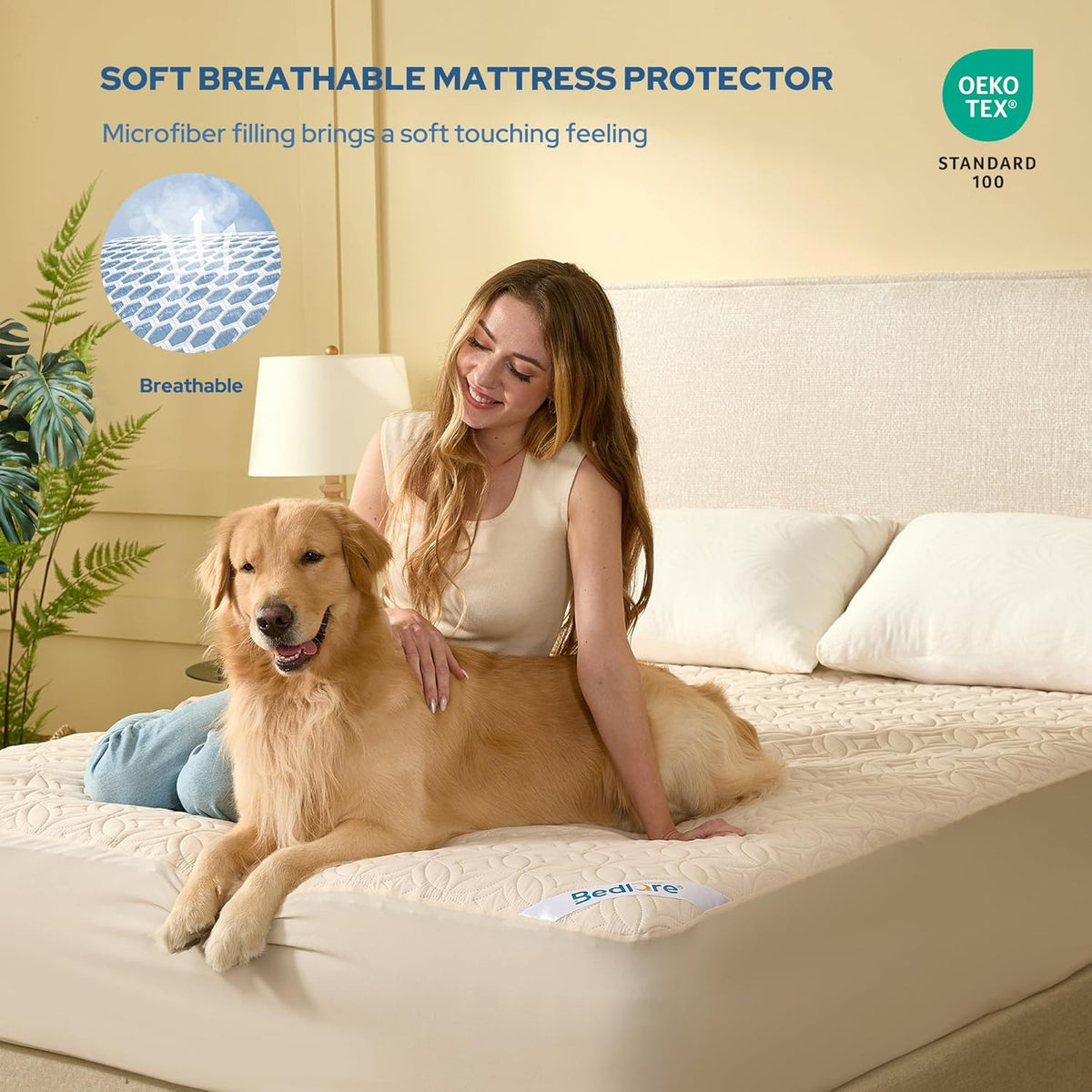 BEDLORE Waterproof Mattress Protector - Noiseless Queen Size Pad with Deep Pocket 6"-18" Depth - Soft & Washable Beige Cover