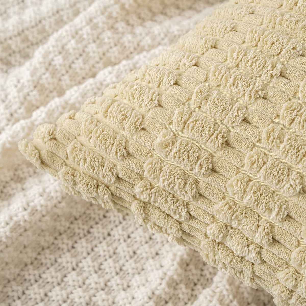 MIULEE Euro Sham Pillow Covers - Soft Corduroy Boho Striped Design | 24x24 Inch Beige for Modern Home Decor