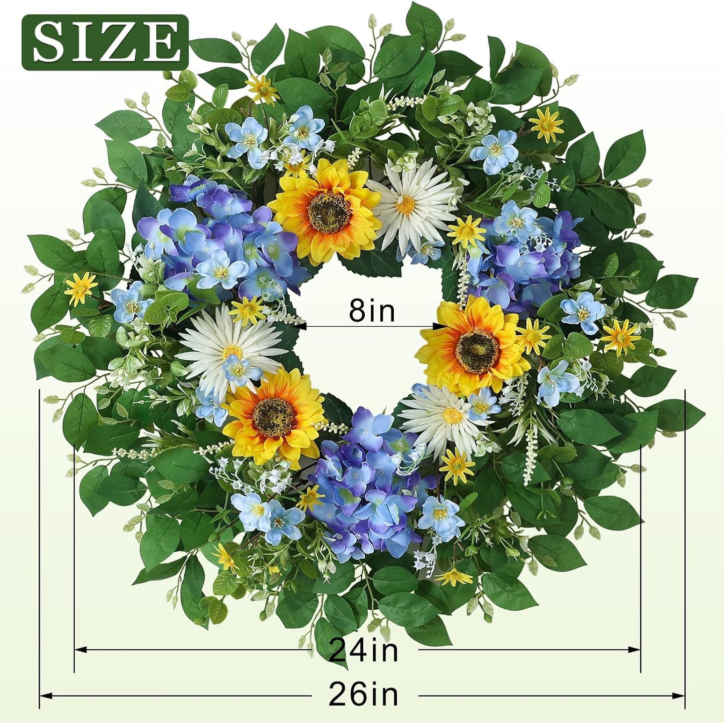 Large 26" Artificial Flower Wreath by [Brand Name] - Lifelike Sunflowers & Blue Hydrangeas for Spring/Summer Home Decor