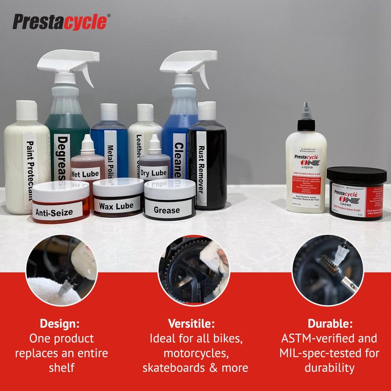 Prestacycle One Liquid - 4 Oz – All-in-One Bio-Based Bicycle Lube, Degreaser, Cleaner, Rust Remover & Protectant, Wet & Dry Chain Lubricant, USDA Certified, No Petroleum or Alcohol