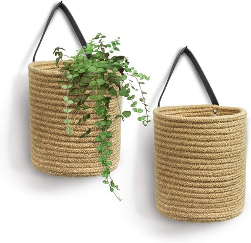 Goodpick Jute Hanging Basket Set - Small Woven Fern Wall Decor for Plants | 7.87 x 7 x 11.7 Inches