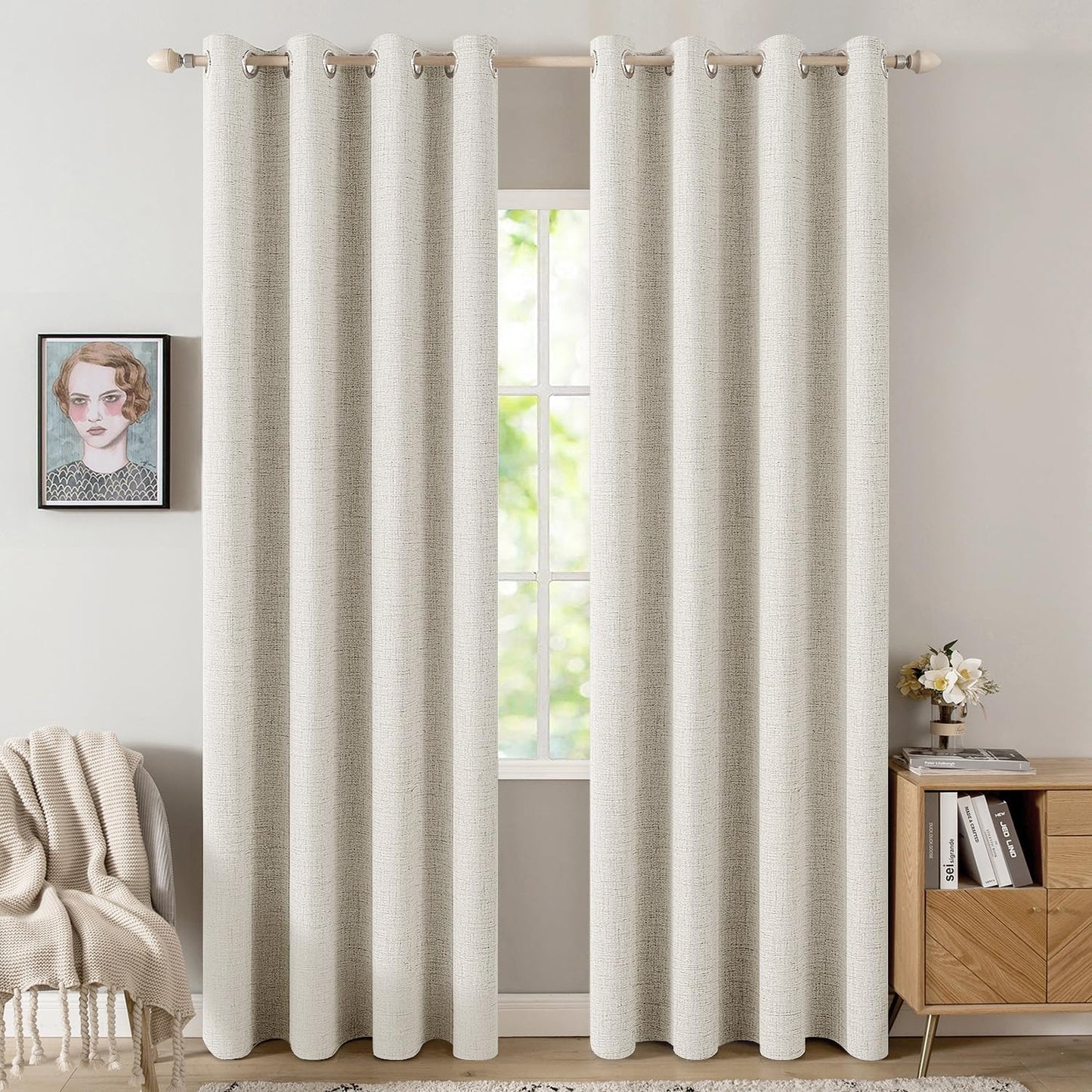MIULEE Linen Texture Curtains - 100% Blackout Thermal Insulated Drapes | Beige, 52x96 Inch (2 Panels)