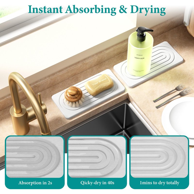 MAGKOTA Water Absorbing Stone Tray, Quick Drying Diatomite Bathroom Tray Countertop, Stone Drying Mat for Kitchen Counter, Soap Dish Dispenser Vanity Organizer, White-A-8.3" x 4"