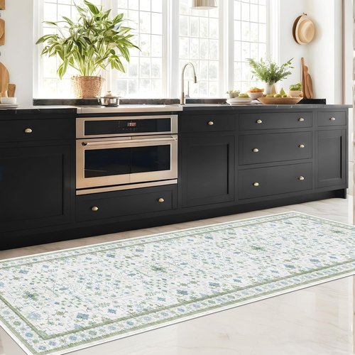 Hazo Haus Washable Oushak Bathroom Runner Rug - Vintage Turkish Floral Design | 2x8 ft Low Pile Non-Slip in Cream, Blue, and Green