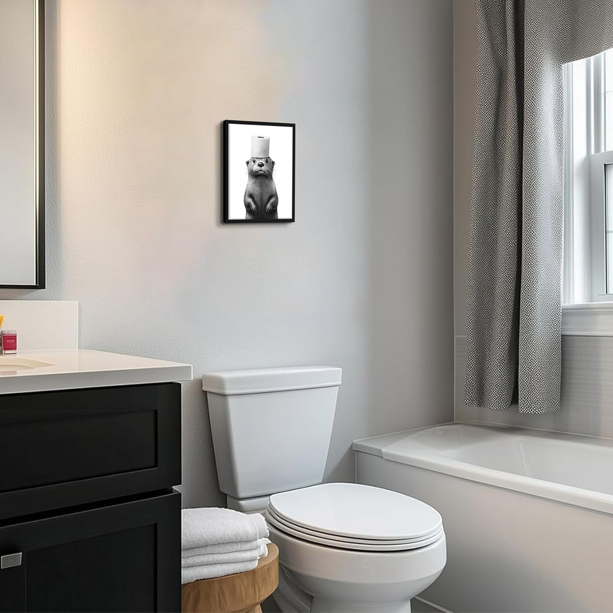 Skiennix Funny Bathroom Wall Art - Cute Otter Holding Toilet Paper | Black & White Canvas Print 8x10 Inch