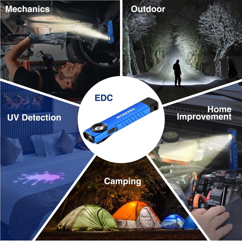 WORKPRO Rechargeable Work Light, 600 Lumens Flat Pocket Flashlight with UV Light, Magnetic Base & Clip, Slim LED EDC Flashlight for Garage, Camping, Home, and Emergencies