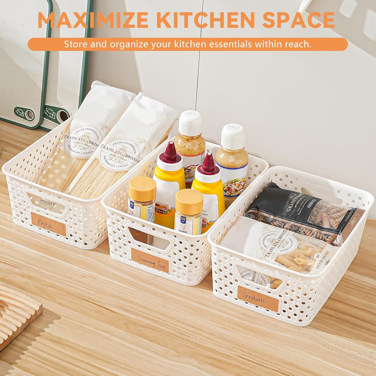12 Pack Plastic Storage Baskets by [Brand Name] - Versatile Organizers with Handles & Labels for Cabinets, Closets, and Offices