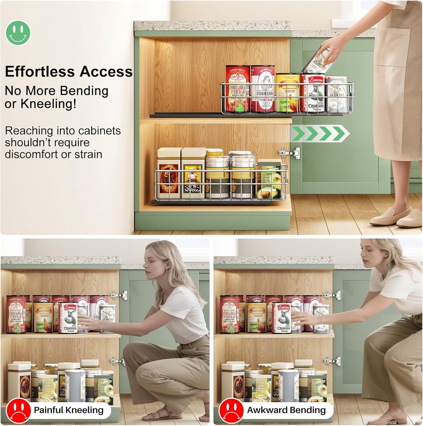 Pull Out Cabinet Organizer - Stainless Steel 2-Pack Slide-Out Drawers with Silent Full-Extension Slides | Versatile Spice Storage for Kitchen, Pantry, and Bathroom