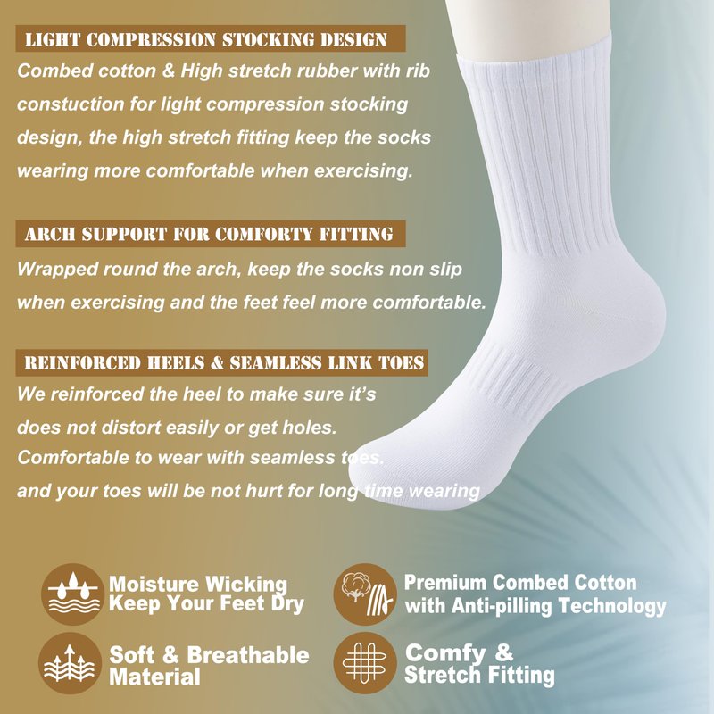 MAGIARTE Mens Athletic Cotton Crew Socks Moisture Wicking Running Cycling Multi Sports Socks for Men 5 PACK (Color #01L White)
