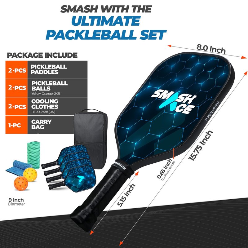 USAPA Approved SmashAce Pickleball Paddles Set Fiberglass Pickle Ball Set Includs Paddles, Balls, Cooling Towels & Portable Carry Bag Perfect Pickleball for Men & Women (Pack of 4 Blue)