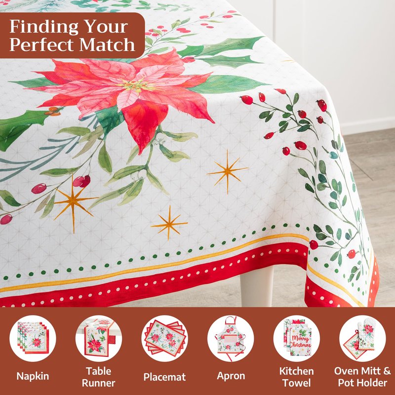 Maison d' Hermine Table Cloth Rectangle Table 100% Cotton 70 x 140 Inches Fall Tablecloth Reusable Everyday Use for Thanksgiving Christmas Decorations Dining Farmhouse Party (Poinsettia Christmas)