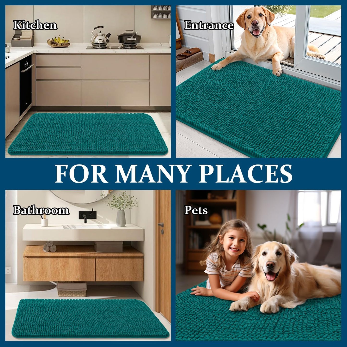 OLANLY Dog Door Mat - Absorbent Non-Slip Chenille Mat for Muddy Paws | 70x24 Inches, Lake Blue