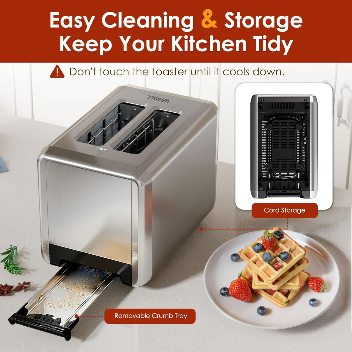 WHALL Touch Screen Toaster - 2 Slice Smart Toaster with Digital Timer & 6 Shade Settings | Silver