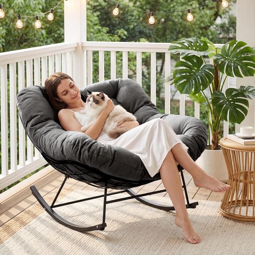 JEAREY Oversized Papasan Rocking Chair - Comfy Egg Chair for Patio, Bedroom, Garden | Navy Blue