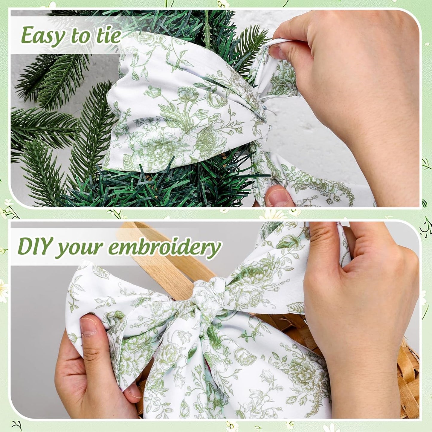 Whaline Green Flower Wreath Sash - Chinoiserie Floral Garland Ribbon for Holiday Decor | 2 Pcs