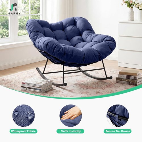 JEAREY Oversized Papasan Rocking Chair - Comfy Egg Chair for Patio, Bedroom, Garden | Navy Blue