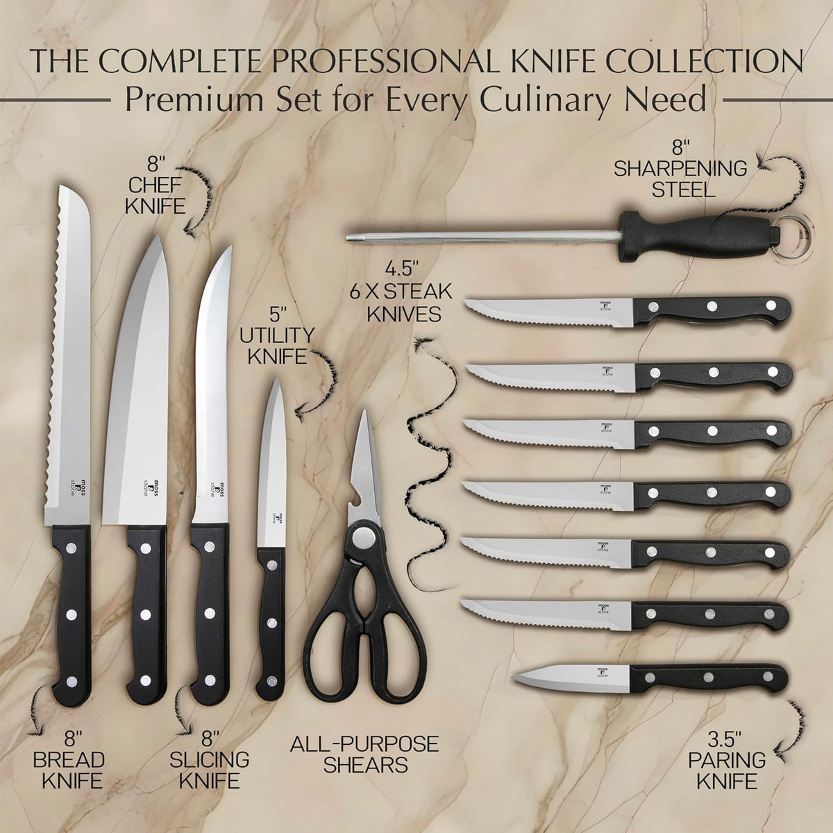 Moss & Stone 14-Piece Knife Block Set - Premium Forged Stainless Steel Kitchen Knives with Ergonomic Handles & Rust Resistance | Modern Black Design