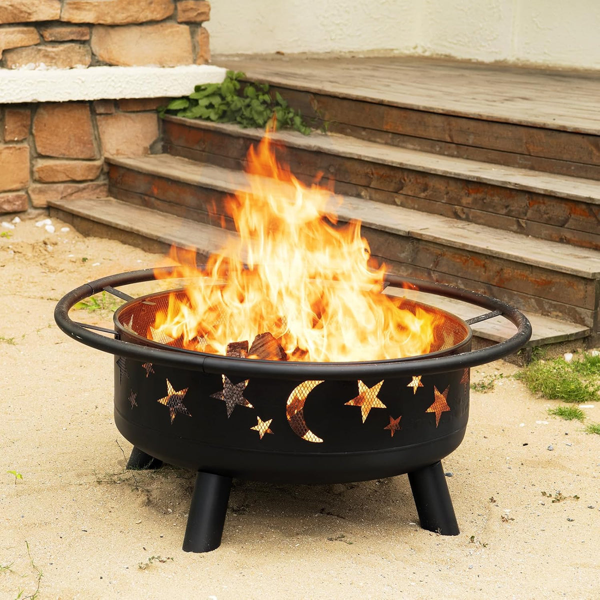 Skiennix 32-Inch Round Fire Pit - Metal Wood Burning Design with Mesh Cover & Poker | Outdoor Patio & Garden Decor