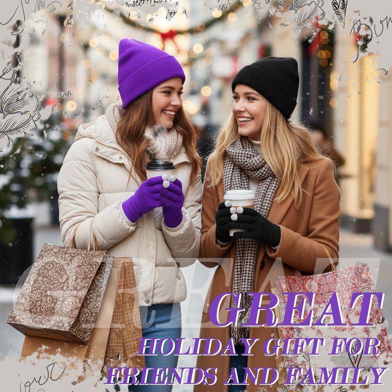Tivi Tovo 4 Pcs Winter Knit Beanie Hat and Touchscreen Gloves Set for Women Men Warm Acrylic Cap and Gloves Set(Black, Purple,Knit)