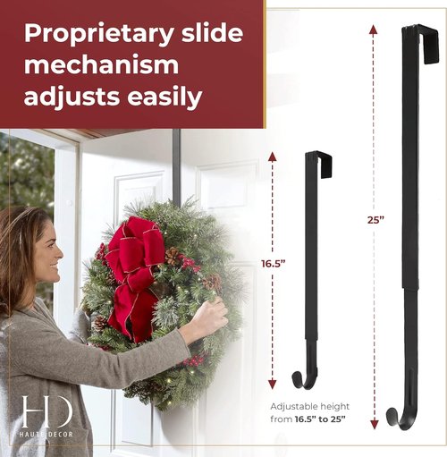 Haute Decor Adjustable Length Over The Door Wreath Hanger Hook - 2-Pack | Strong Matte Black, Holds Up to 20 lbs.